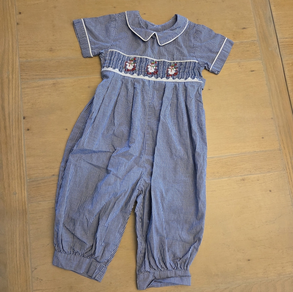 Vintage Blue Smocked Snowman Checkered Kids Jumpsuit